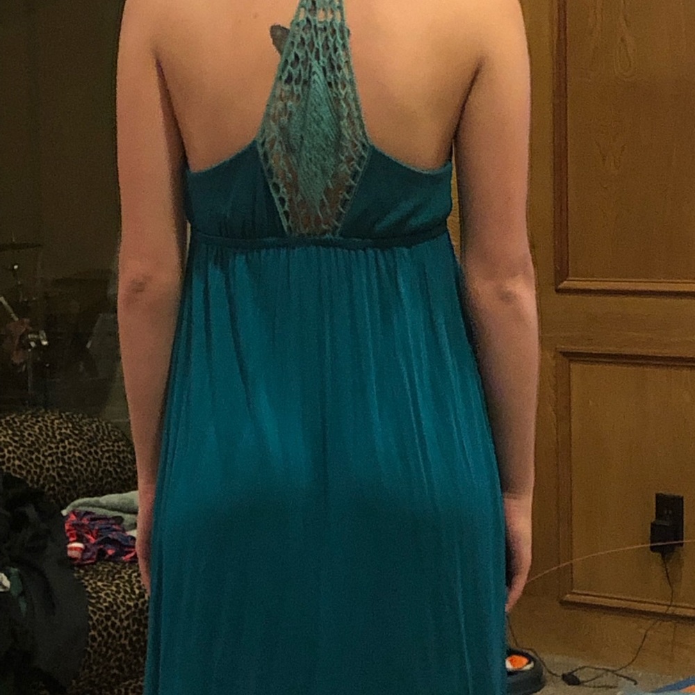 Teal flowy halter sun dress with aqua crochet back EUC only worn twice